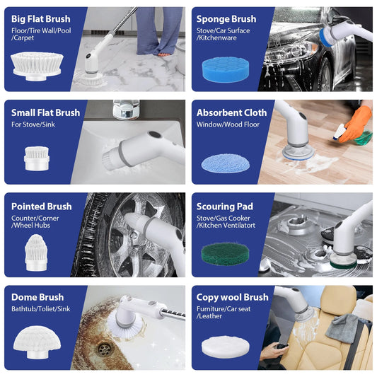 Electric Spin Scrubber, 450RPM Cordless Power Scrubber with Adjustable Handle 8 Heads Shower Cleaning Brush for Bathroom Floor